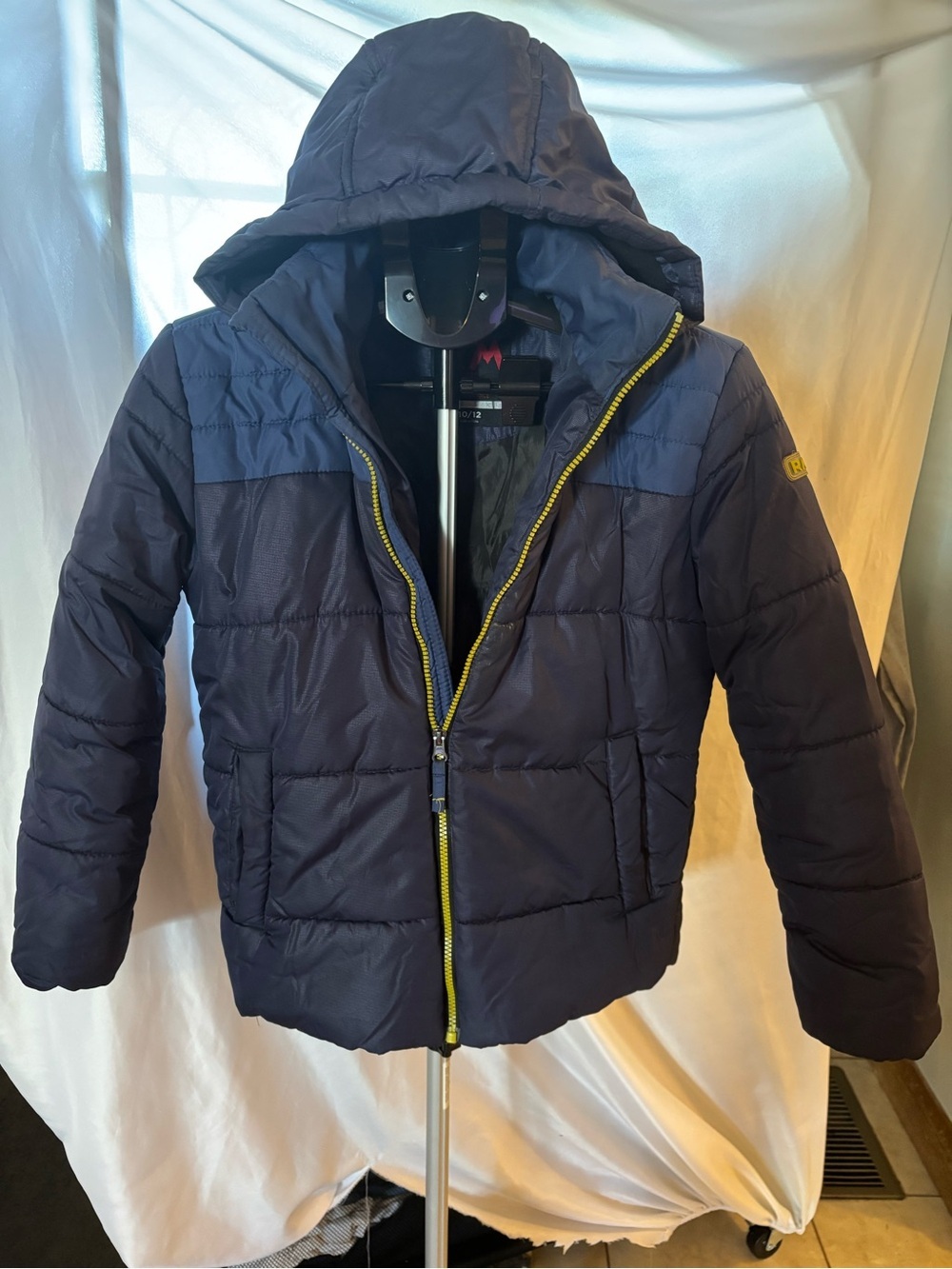 MRosemont kids Navy Hooded Puffer Jacket with Yellow Zip
